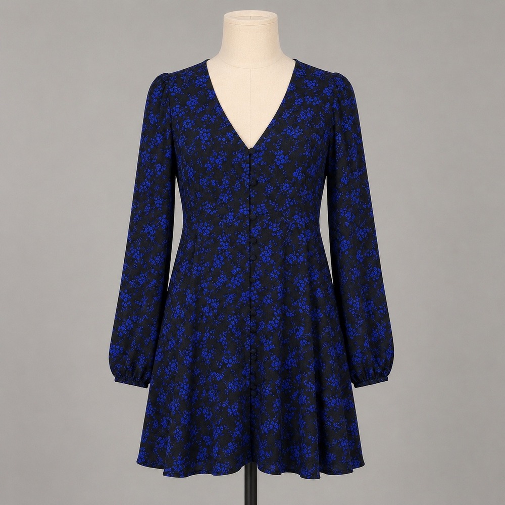 GAP 8P Short Dress Black Blue Floral Button Front L/Sleeve Boho Romantic Festivi